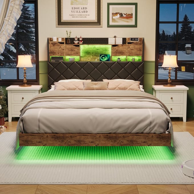 Zwevend Bedframe 160x200 met LED & Opbergruimte – Metaal & Walnoot – USB, USB-C & Stopcontact