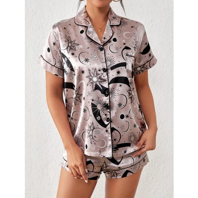 Print Satin Pyjamaset Casual Korte Mouwen Knopen Revers Top & Elastische Short Dames Nachtkleding M gray