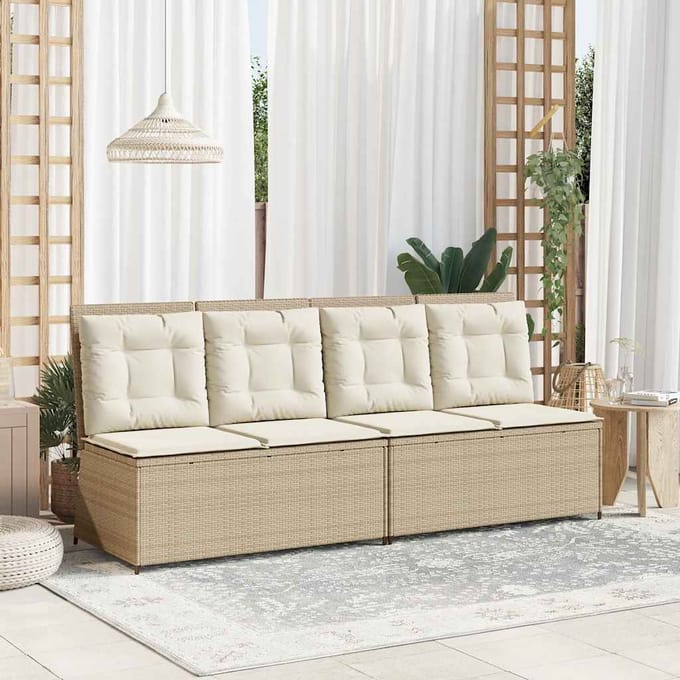 vidaXL - Tuinbankje - verstelbaar - met - kussens - poly - rattan - beige