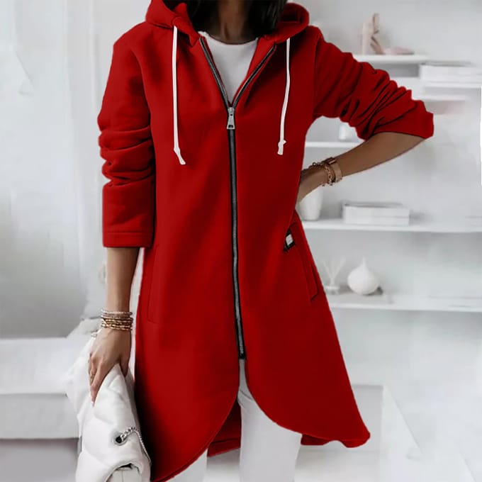 Casual losse, lange gewatteerde sweatshirtjas met rits en capuchon voor dames S red