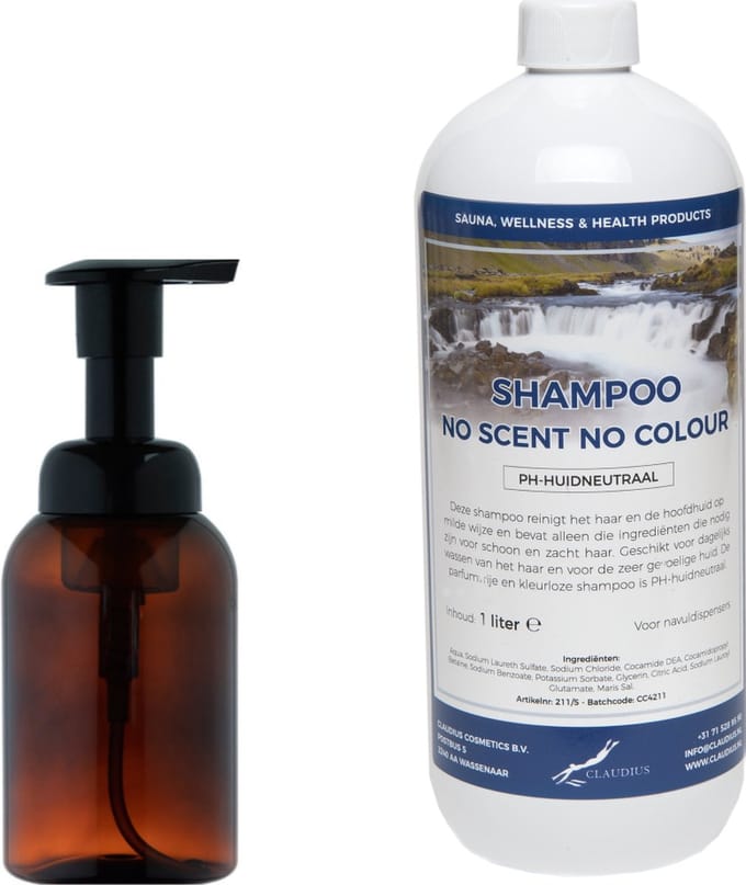 Zeepdispenser 300 ml amber bruin hervulbaar + 1 liter Shampoo No Scent No Colour navulling