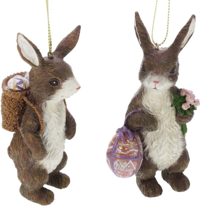 2x Ornament Paashaas met ei/ mand, 2 ass. glitter 4x4,5x11cm