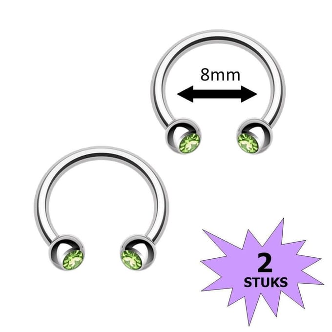 Fako Bijoux® - Circular Barbell Piercing - Hoefijzer Kristal Duo - 8mm - Groen - 2 Stuks