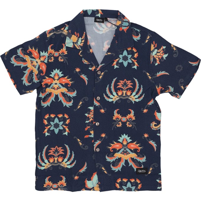 Mannen korte sleeve shirt traditionele Batik Bowling Shirt zwart / multi