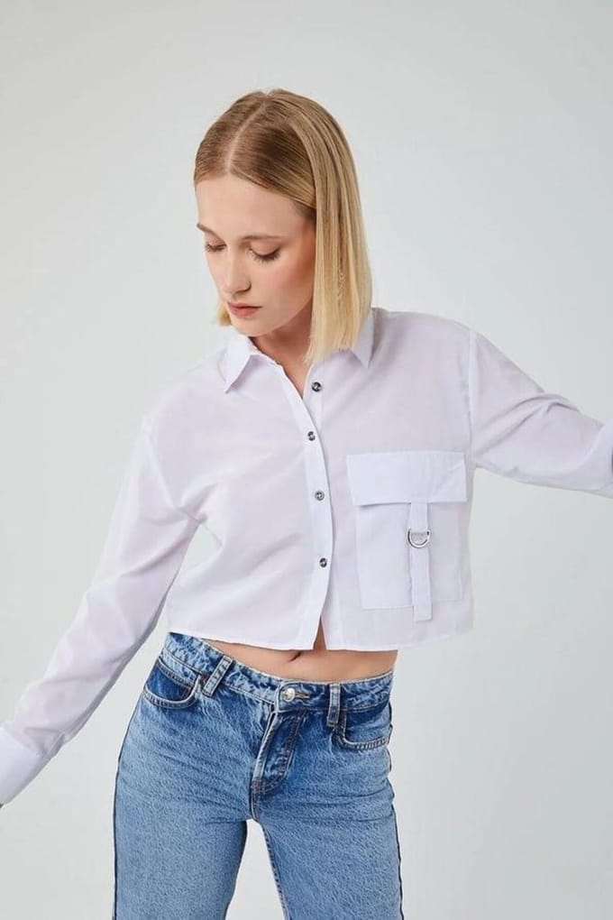 Korte Poplin Shirt met Pocketdetail