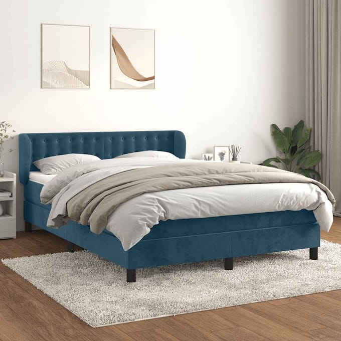 vidaXL - Boxspring - met - matras - fluweel - donkerblauw - 140x200 - cm