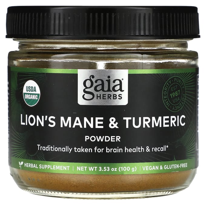 Gaia Herbs, Poudre d'Hericium erinaceus et de Curcuma, 3,53 oz (100g)
