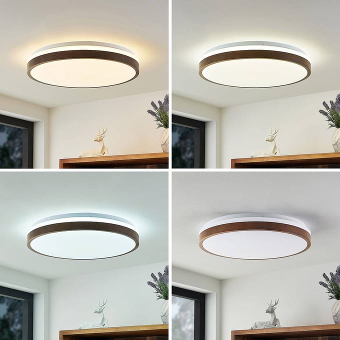 Lindby LED plafondlamp Hudsona, Ø 49 cm, hout, bruin