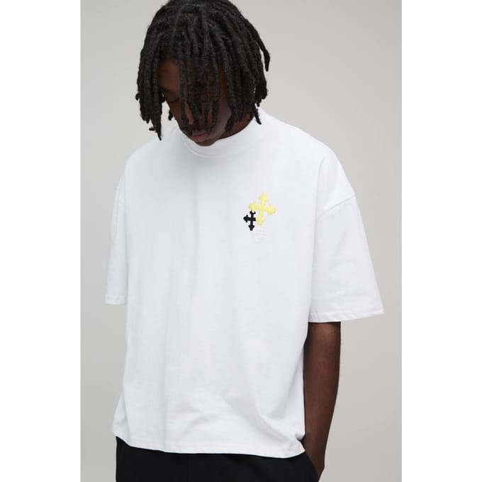 Oversized Boxy Embroidered Cross T-Shirt | White | Size Small
