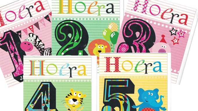 5 Wenskaarten - 5 Leeftijd wenskaarten - roze - set van leeftijd wenskaarten - 1 Jaar - 2 Jaar - 3 Jaar - 4 Jaar - 5 Jaar