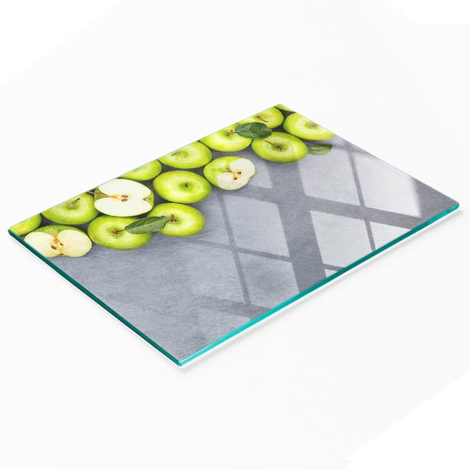 Decoratieve glazen serveerplank met groene appels, 80x52 cm