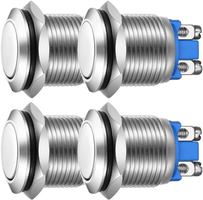 Set van 4 Waterdichte Drukknop Schakelaars 19mm Kortstondig Metaal