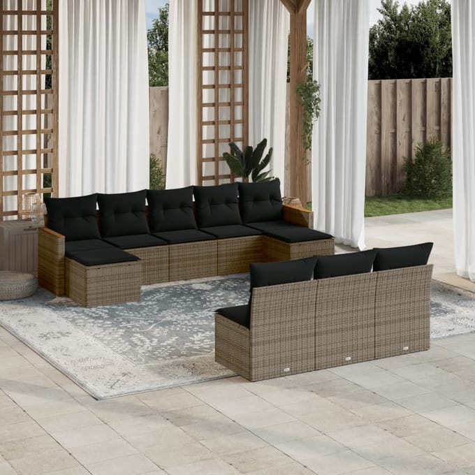 vidaXL - 10-delige - Loungeset - met - kussens - poly - rattan - grijs