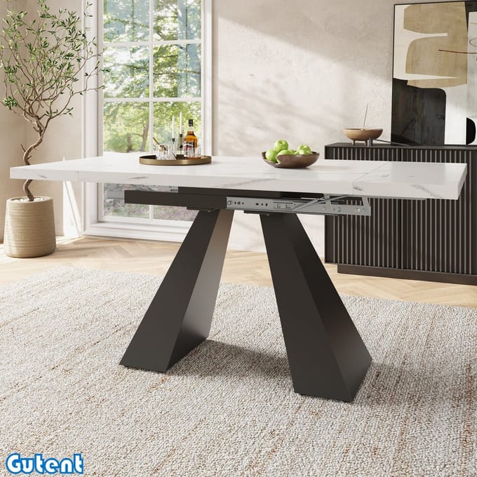 Gutent Uitschuifbare eettafel (99-159 x 74 cm)-Ruimtebesparend-Wit tafelblad-Zwarte kolompoten