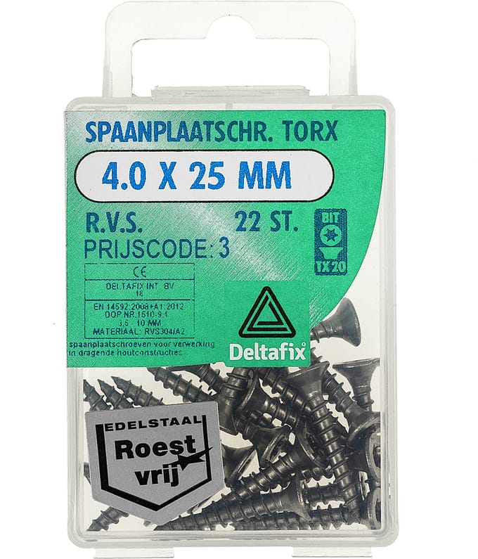 Deltafix spaanplaatschroef platkop / torx r.v.s. a2 4.0 x 25 mm 22 st.