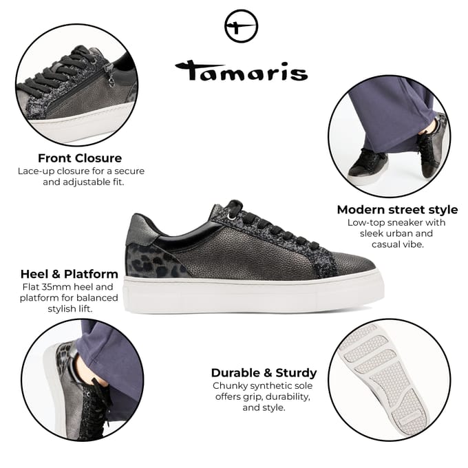 Tamaris Dames Pewter Zilveren Kunstleren Mode Veterschoenen