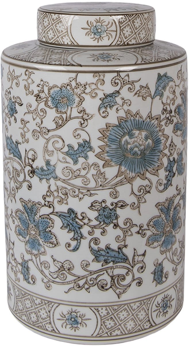 Clayre & Eef Vaas met Deksel Ø 18x30 cm Wit Blauw Keramiek