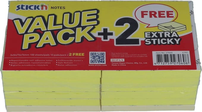 Memoblok Stick'n - 76x76mm - Neon Geel - 10x100 Memoblaadjes - 2x90 Bonus - Pastel - Extra Sticky