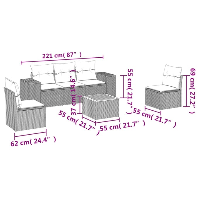 vidaXL - 6-delige - Loungeset - met - kussens - poly - rattan - grijs