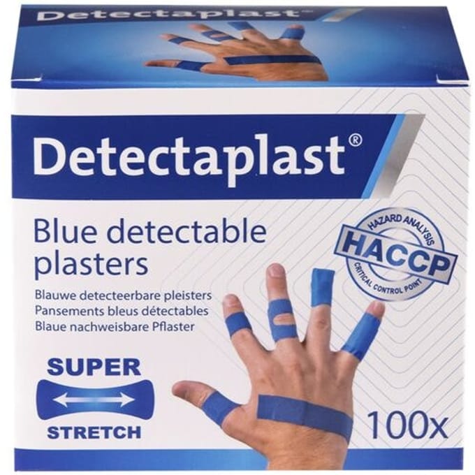Detectaplast Blauwe wondpleisters - Set van 4 soorten – Elastisch, Metaaldetecteerbaar & Flexibel – Pleisters Sensitive voor Voedingsindustrie & Catering