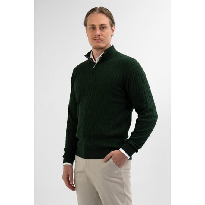 Vercate - Quarter Zip / Half Zip Trui - Cashmere / Kasjmier Blend - Kabeltrui / Pullover - Regular Fit - Donkergroen - Maat M