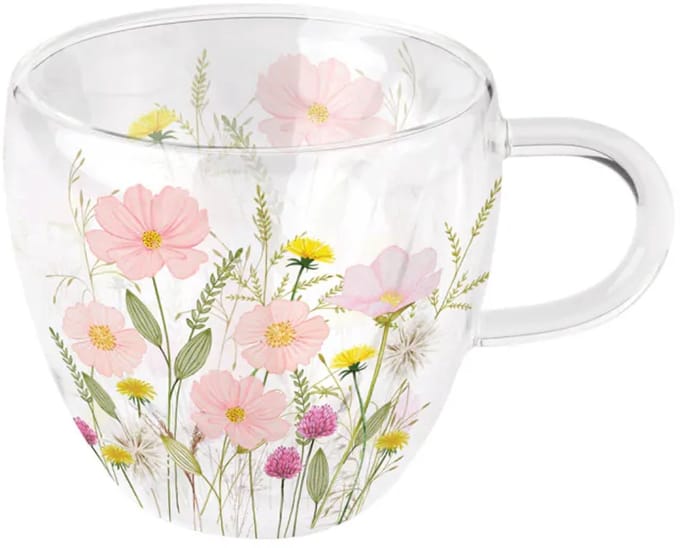Ambiente Dubbelwandig thee Glas 0,2 L, Pastel Bloemen Roze