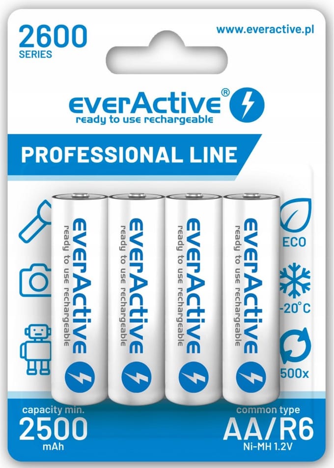 4 Stuks - R6 AA 2600mAh everActive Professional oplaadbaar
