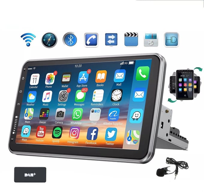 ESSGOO 1DIN Autoradio 360° draaibaar scherm - Android 15 - 4+64G - Draadloos Carplay & Andriod Auto - Bluetooth - GPS-navigatiesystem - Microfoon - Wifi Bluetooth - DAB+