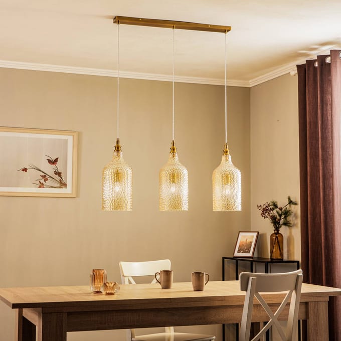 Lindby hanglamp Drakar, 3-lamps, amber, glas, Ø 19,5 cm