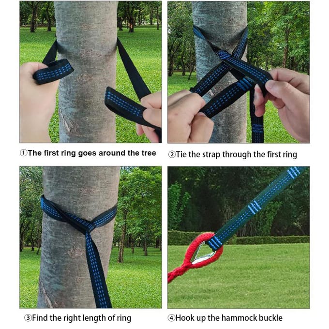 Draagbare gestreepte campinghangmatschommel met opbergtas voor buiten binnenboom, capaciteit 330 lb blauw