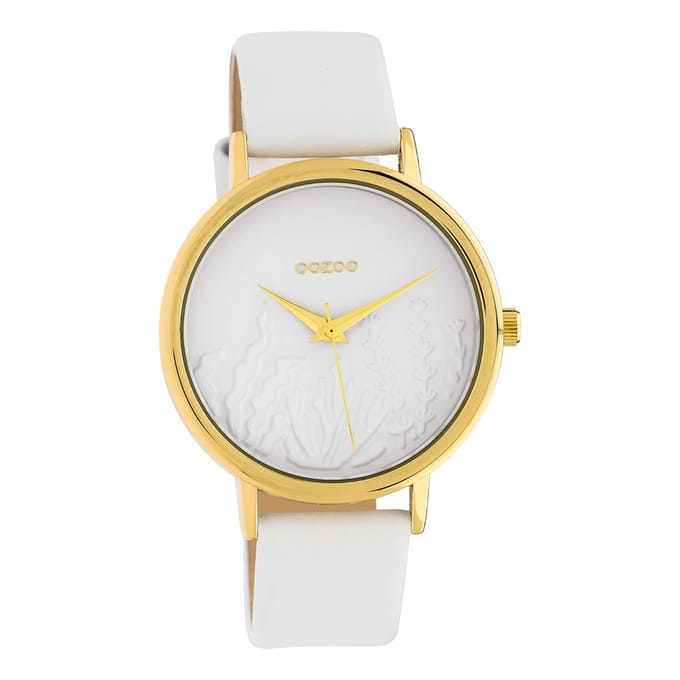 OOZOO Timepieces - Goudkleurige horloge met witte leren band - C10601