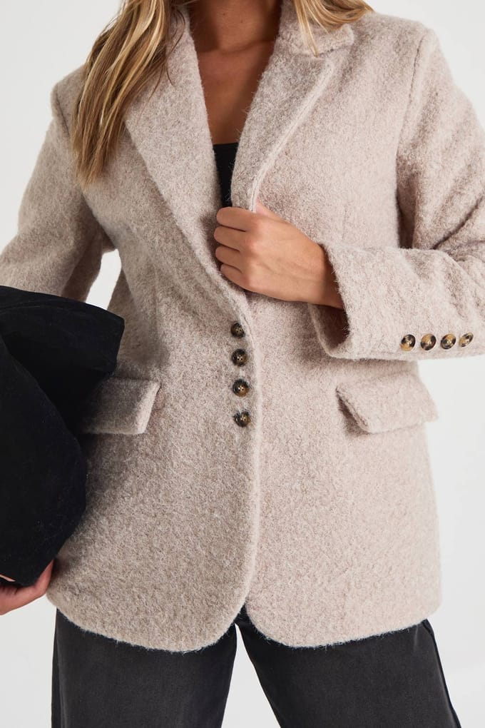 boohoo Dames Wollen-look pluizig oversized blazerjasje | Stone | Maat: 8