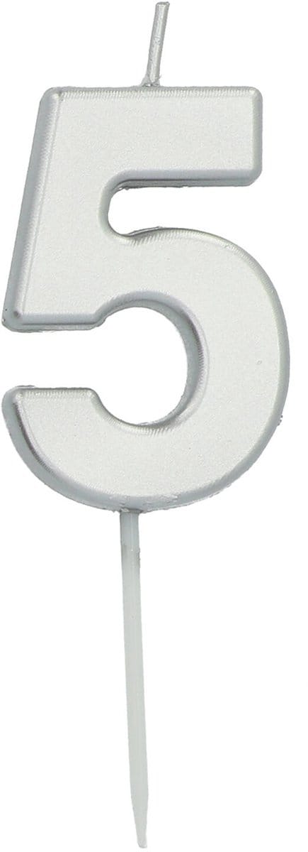 Folat - Kaars cijfer 5 zilverkleurig 5 cm