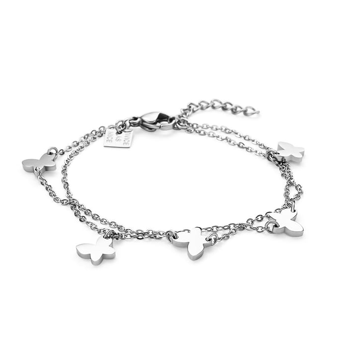 Twice As Nice Armband in edelstaal, 5 vlinders, dubbele ketting 16cm+3cm