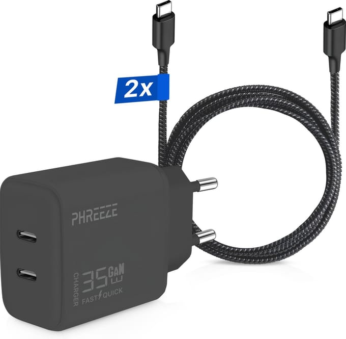 35w usb C Snellader met 2x usb C naar usb C Kabels (2 Meter) - Usb C Adapter Voor Laptop, Smartphone en Tablet