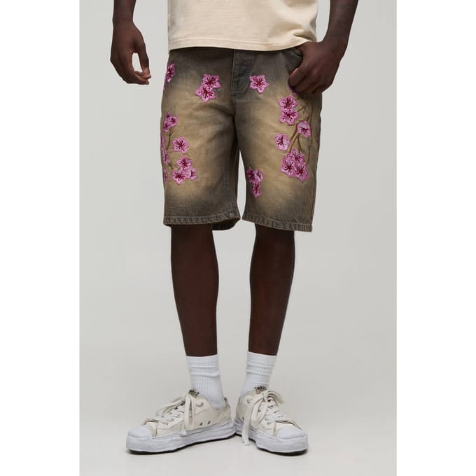 Gebloemde Geborduurd Relaxed Denim Short | Stonewash | Size 36