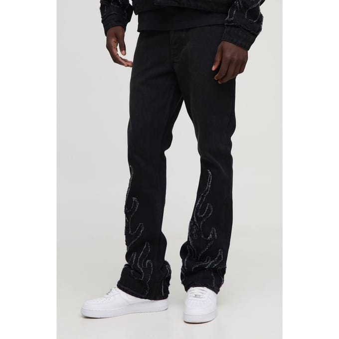 Flame Applique gestapelde slim fit uitlopende jeans | Washed Black | Size 34R