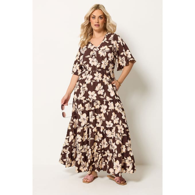 Yours Bruine Maxijurk Met Bloemenprint En Laagjes Size 44