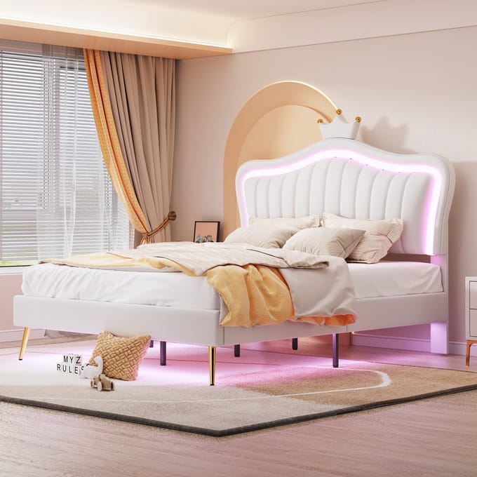 REDOM Ledikant 140x200 cm – Kunstleer wit – Schelp-kroon hoofdbord & LED – Kindvriendelijk