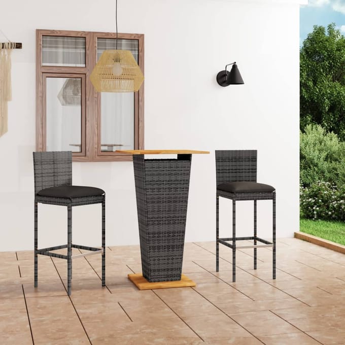 vidaXL - 3-delige - Tuinbarset - met - kussens - poly - rattan - grijs