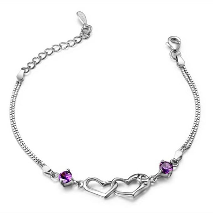 Witgoud verguld S925 zilver Dubbel Hart Amethist Hart tot Hart Dames Armband Mode Sieraden white