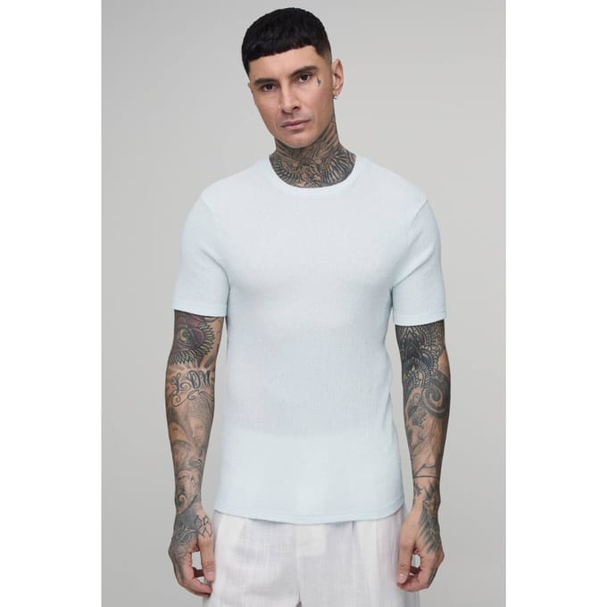 Lang Getailleerd Crinkle Gestructureerd T-shirt | Pastel Blue | Size XL