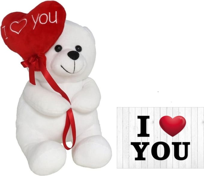 Pluche knuffelbeer met I Love hartje - wit/rood - 20 cm - inc. wenskaart