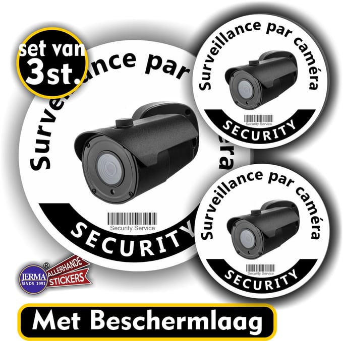 Jerma - Camera toezicht - Stickers - Surveillance par caméra - Franstalig - 3 st. - Ø 12 cm - 2x Ø 7 cm