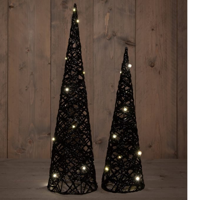 Verlichte LED kegel kerstbomen - 2x st - zwart - H40 en H60 cm