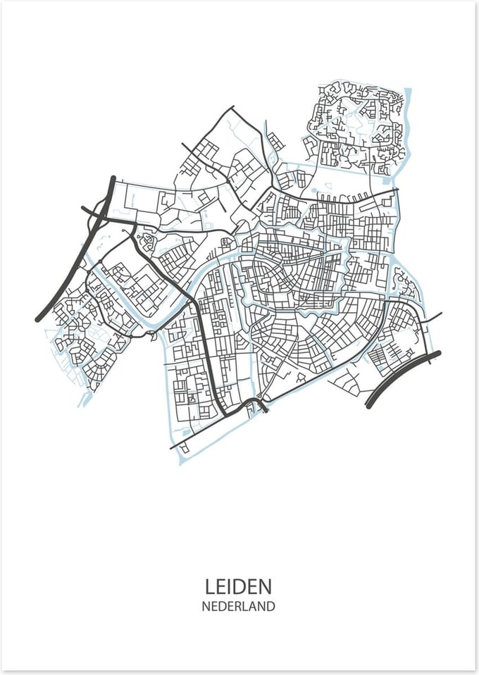 De Lange Koe Poster - Leiden Plattegrond - 42 X 29.7 Cm - Wit