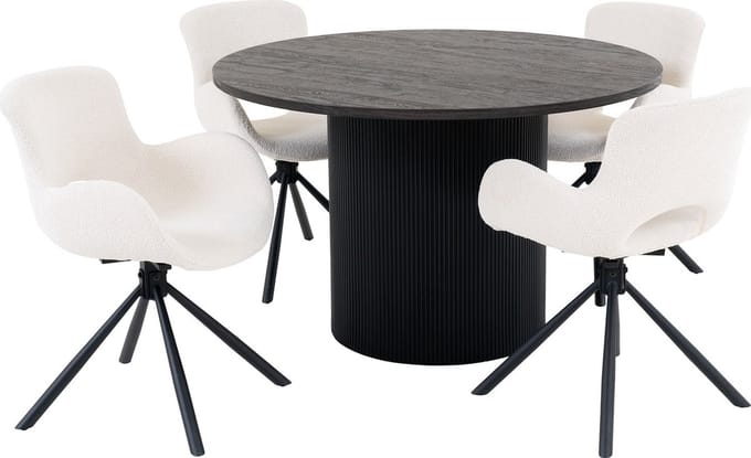 Boavista eethoek eetkamertafel Ø120cm donker bruin en 4 Amorim stoel offwhite.