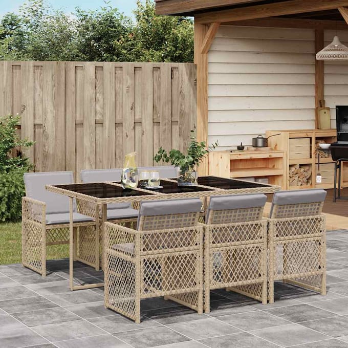vidaXL - 7-delige - Tuinset - met - kussens - poly - rattan - beige