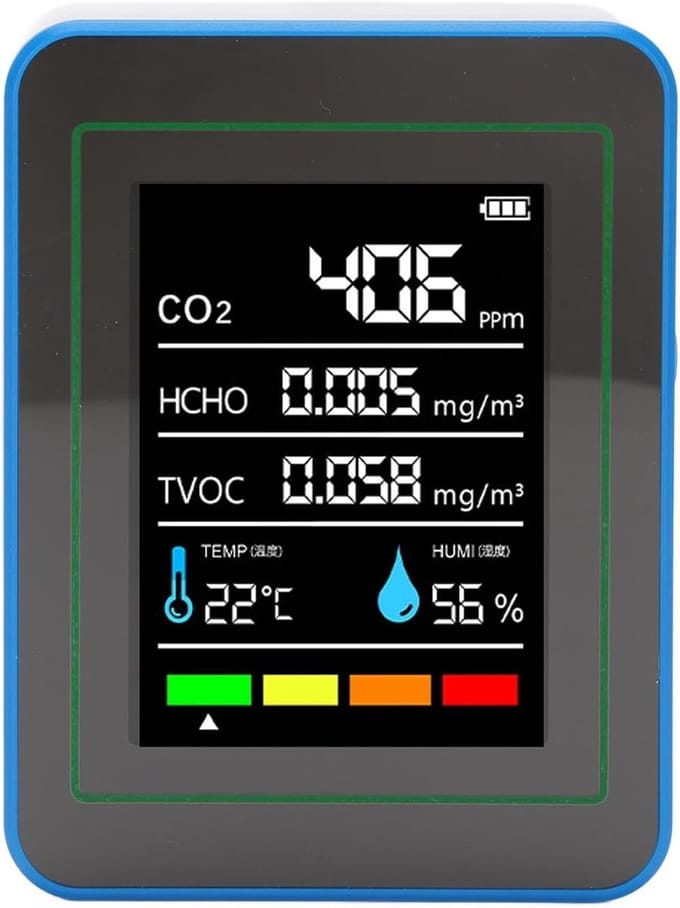 Luchtkwaliteitsmeter - Binnenklimaat Sensor - Gezond Werken - 5-in-1 Meting - Temperatuur Vochtigheid - Wit Blauw