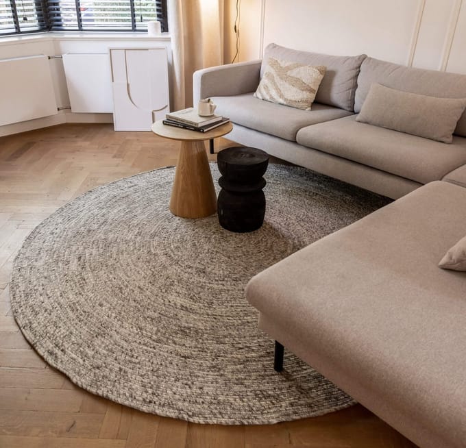 Rond wollen vloerkleed Gapo grijs gemeleerd op=op - Rond 150 Ø - (M)